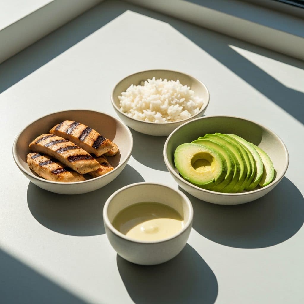 Assiette composée de protéines, de féculents et de légumes
