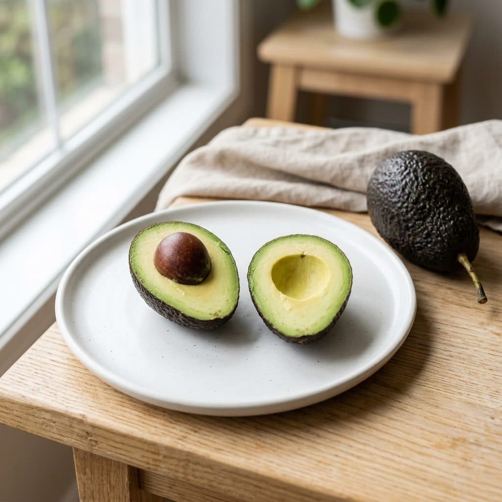 Un avocat Hass coupé en deux, la chair verte et le noyau visibles