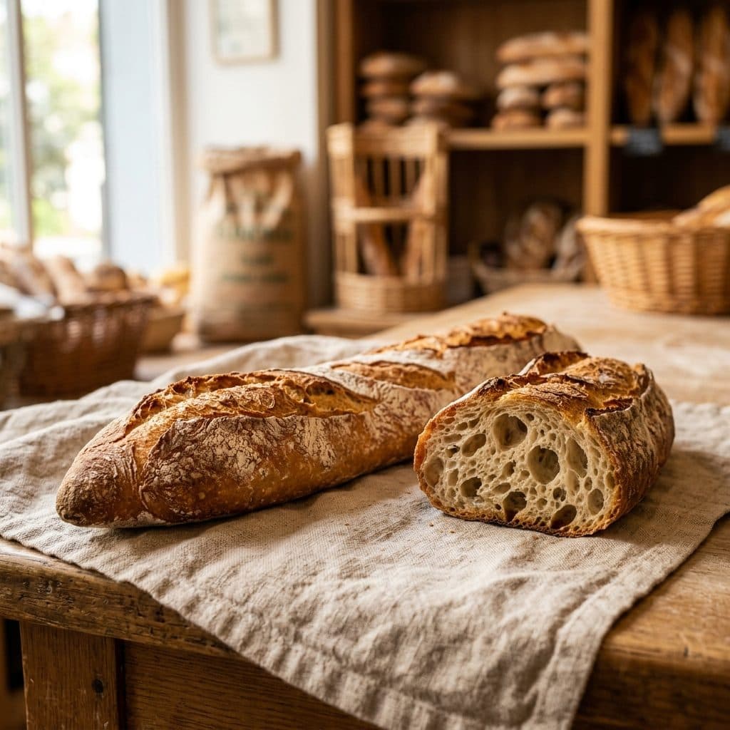Une baguette tradition tranchée, mie alvéolée et croûte croustillante