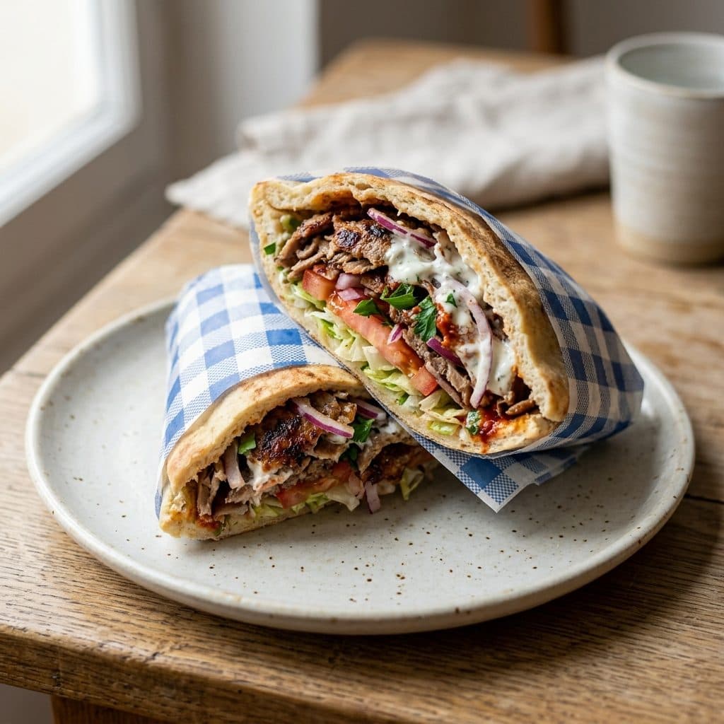 Un kebab en pain pita coupé en deux, viande grillée, crudités et sauce blanche