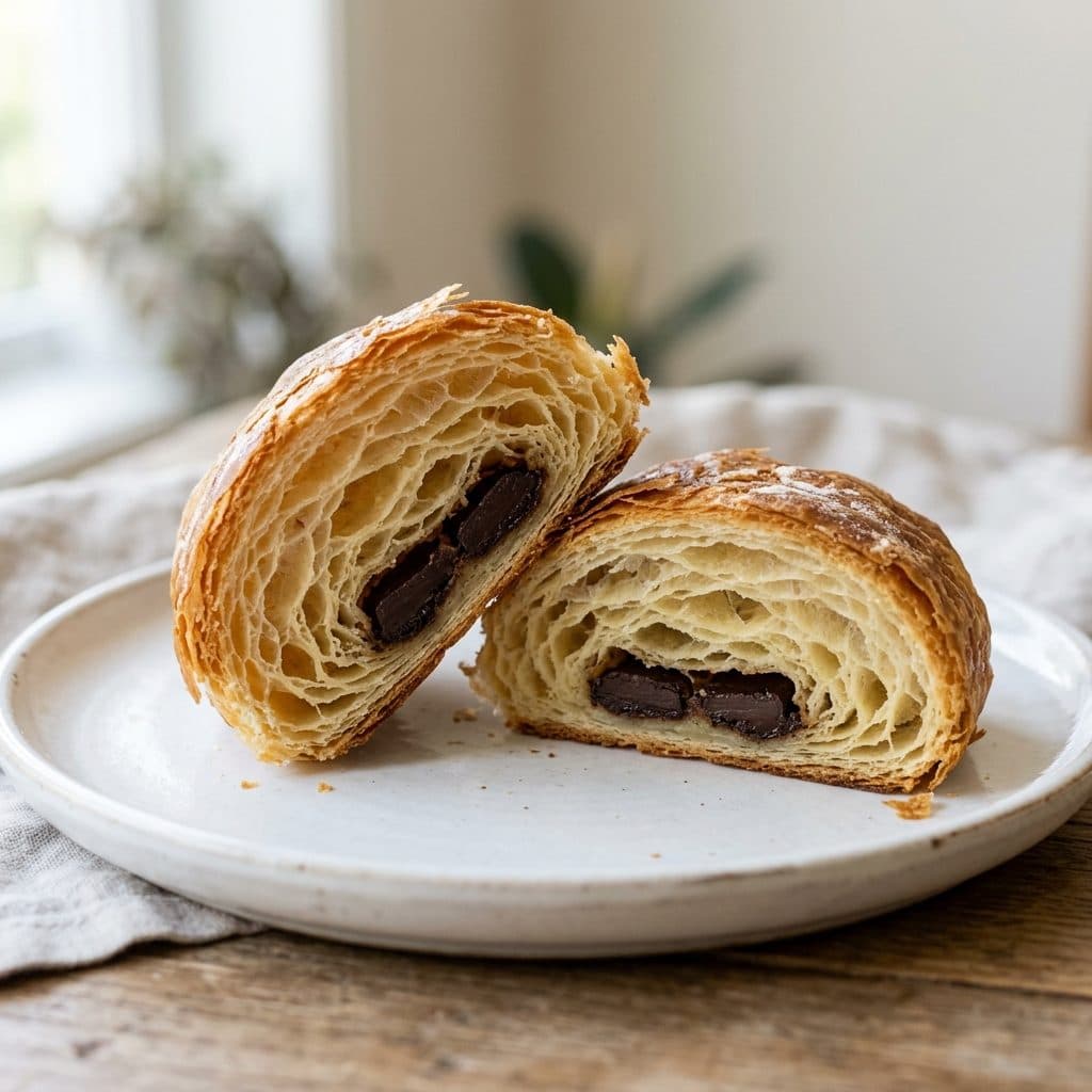 Un pain au chocolat coupé montrant les deux barres de chocolat